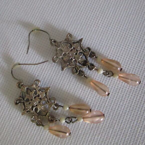 Vintage Chandelier Dangle Earrings Filigree Peach Teardrop Rhinestones Boho Glam - Picture 12 of 16